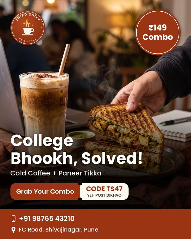 Sample Samsūtra post for Third Shift Café: a ₹149 cold coffee and paneer tikka combo with the café's logo, offer code TS47 and contact details